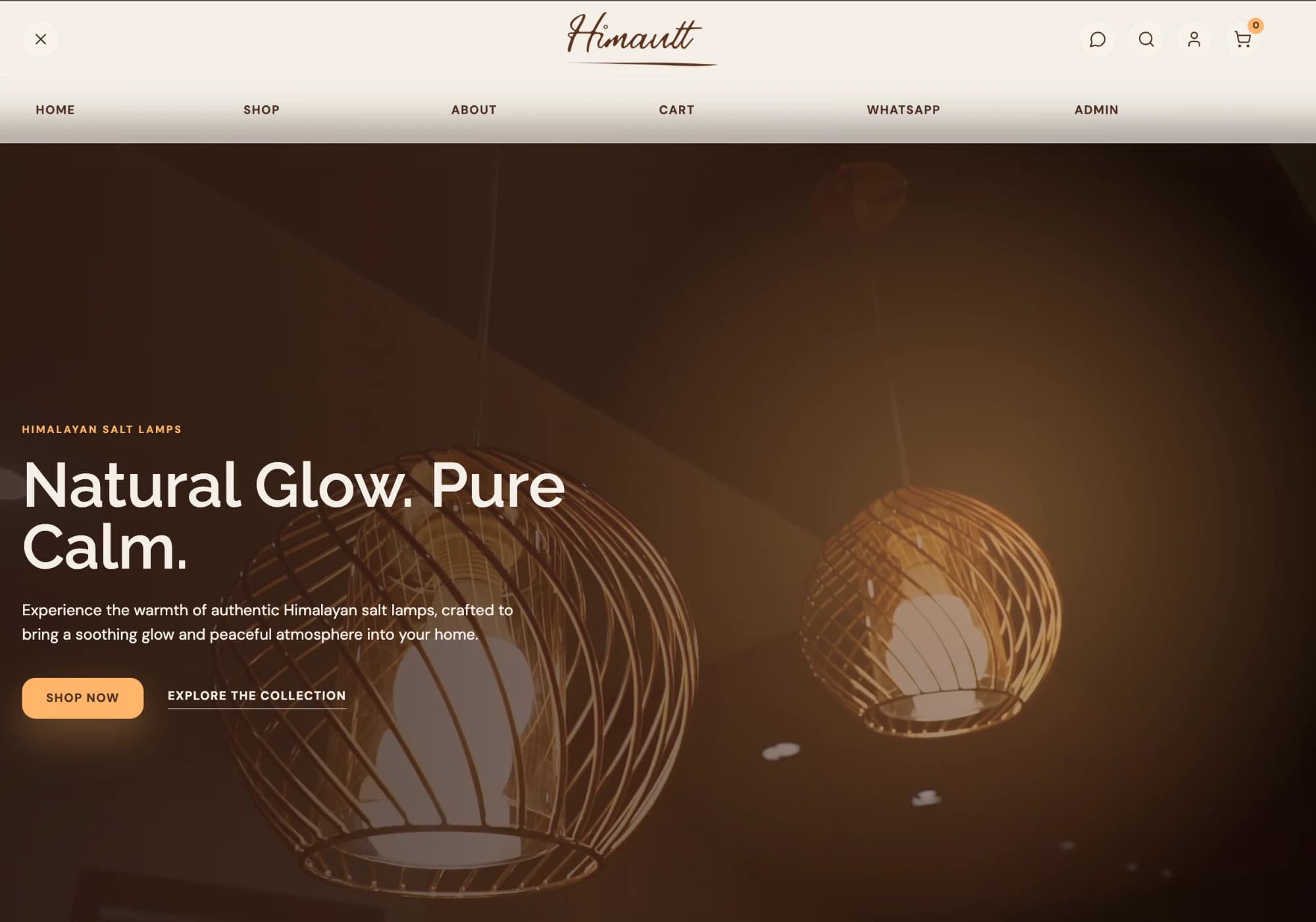 Himault homepage with a glowing lamp photograph and the headline Natural Glow. Pure Calm.