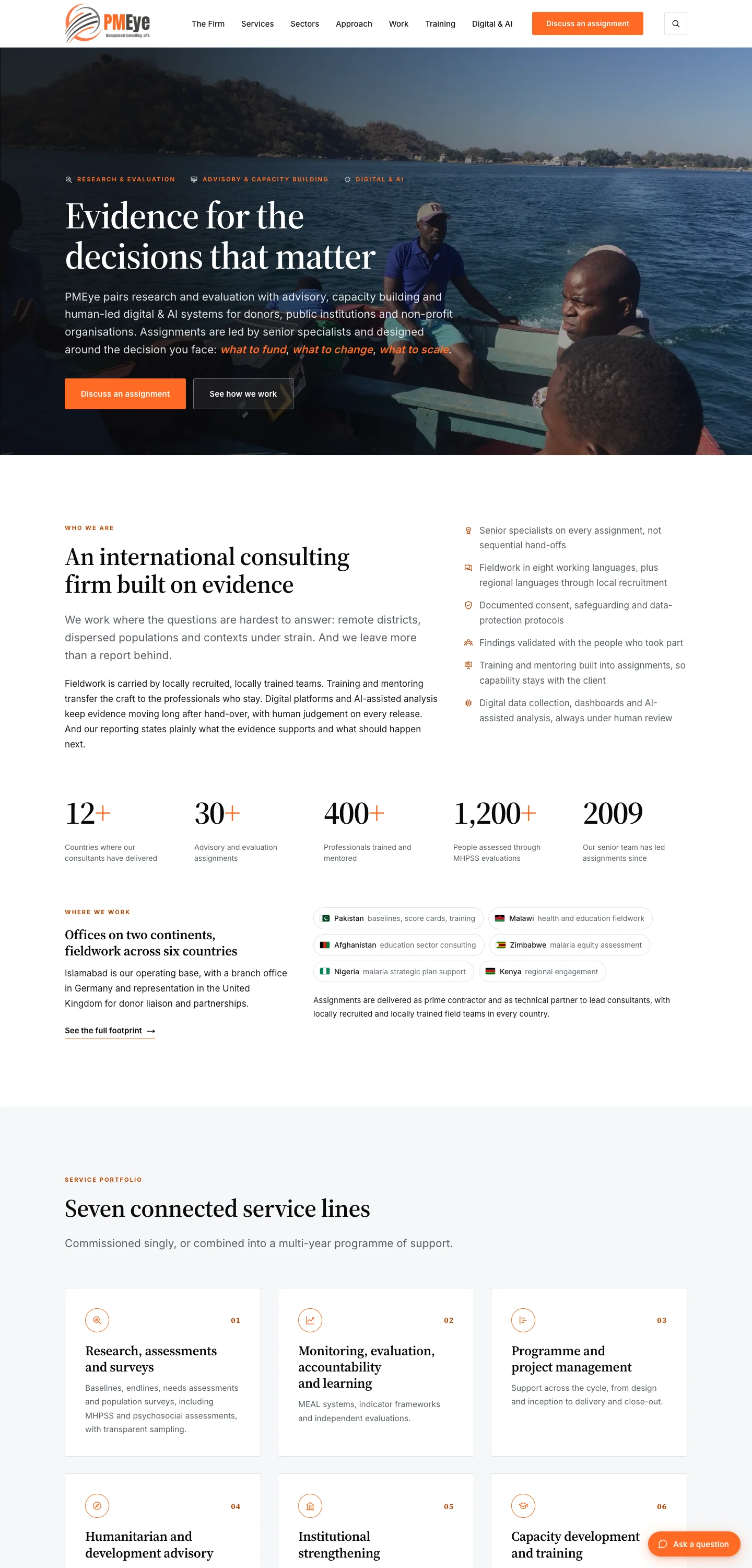 PMEye website home page with a full-width hero photograph